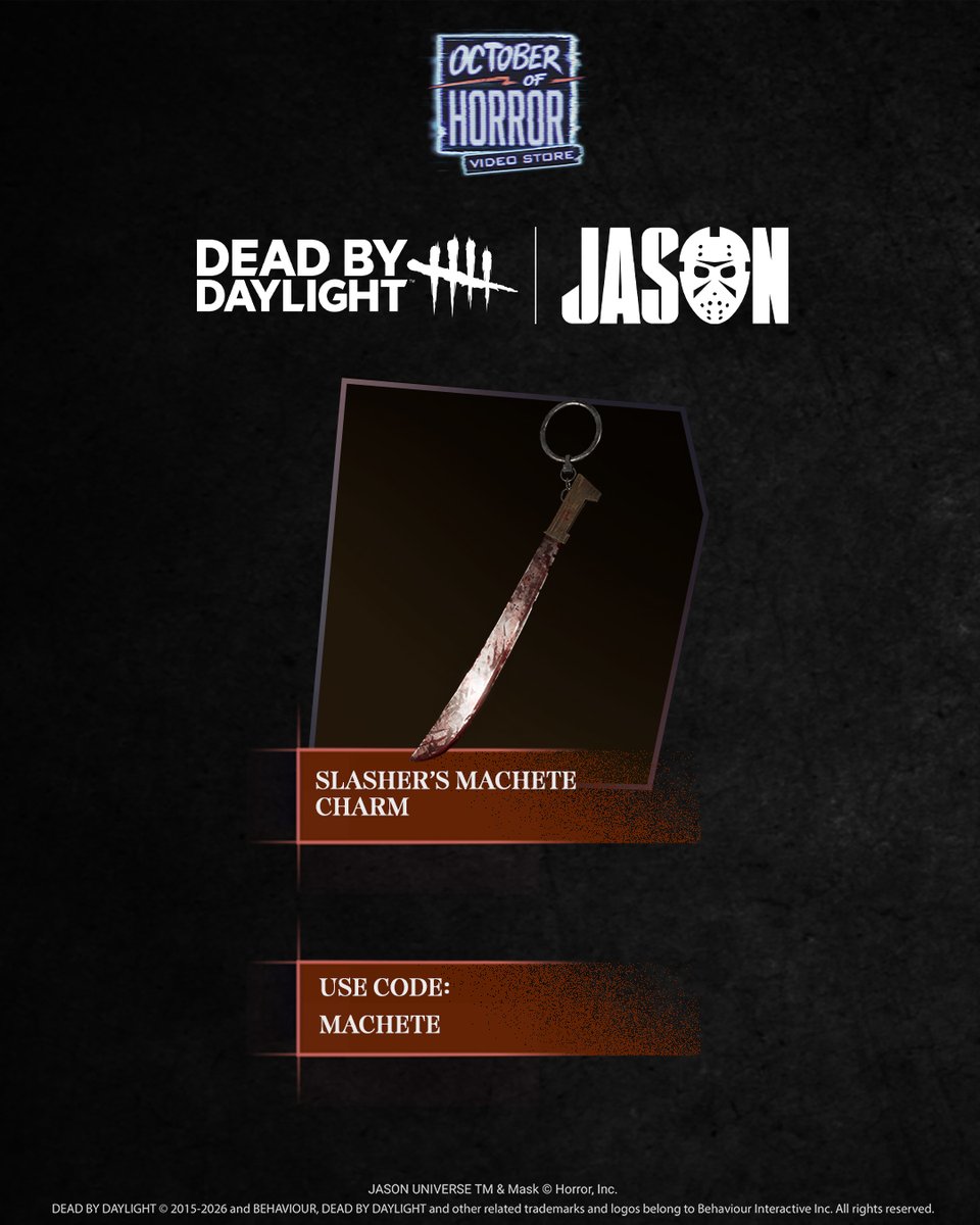 DeadbyDaylight's tweet photo. Did someone say treats? Enter the code MACHETE in the in-game Store before October 31st to redeem this Charm, just in time for the release of a new blighted Outfit for The Slasher.
@JasonUniverse13 https://t.co/8cl6xM6fKu