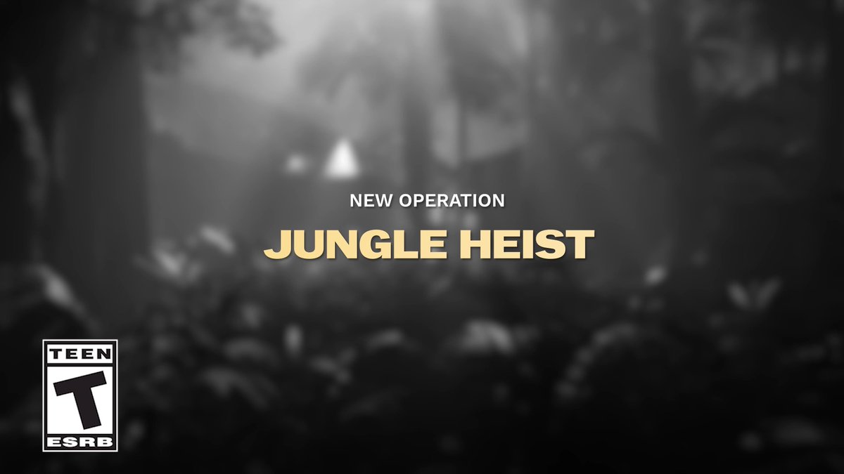 Promotional image for the "Jungle Heist" new operation, featuring a moody, blurred jungle background in grayscale with gold title text and a TEEN ESRB rating badge.