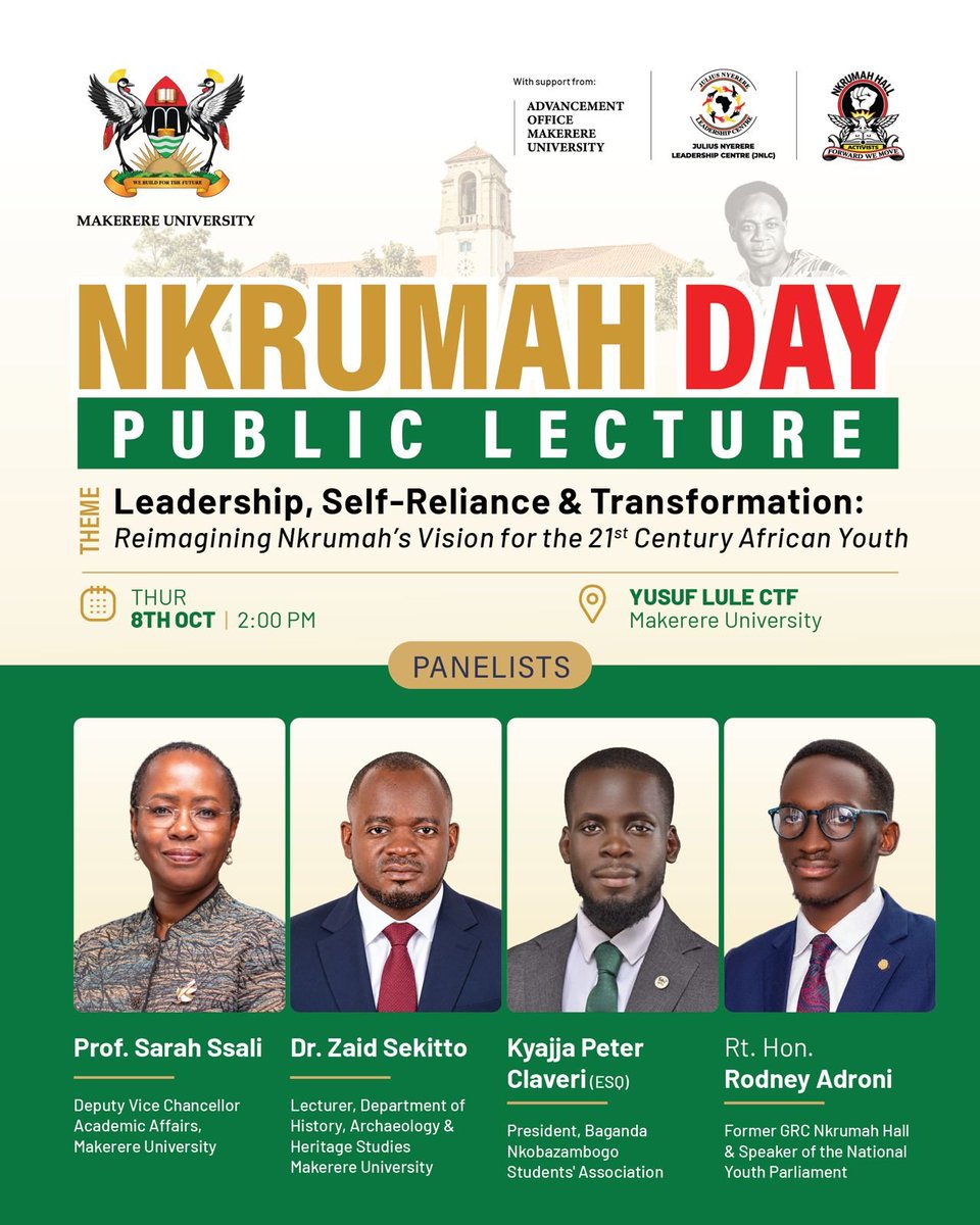 kadondigracious's tweet photo. How do we reimagine Nkrumah’s vision for today's generation? Africa's youth are taking center stage at this year’s Nkrumah Day Public Lecture.
  
​📍 Yusuf Lule CTF, Makerere University
📅 Thursday, Oct 8th | 2:00 PM
  
​Don't miss out! 
​#NkrumahDay #AfricanYouth #Makerere https://t.co/MPltnJvjIK