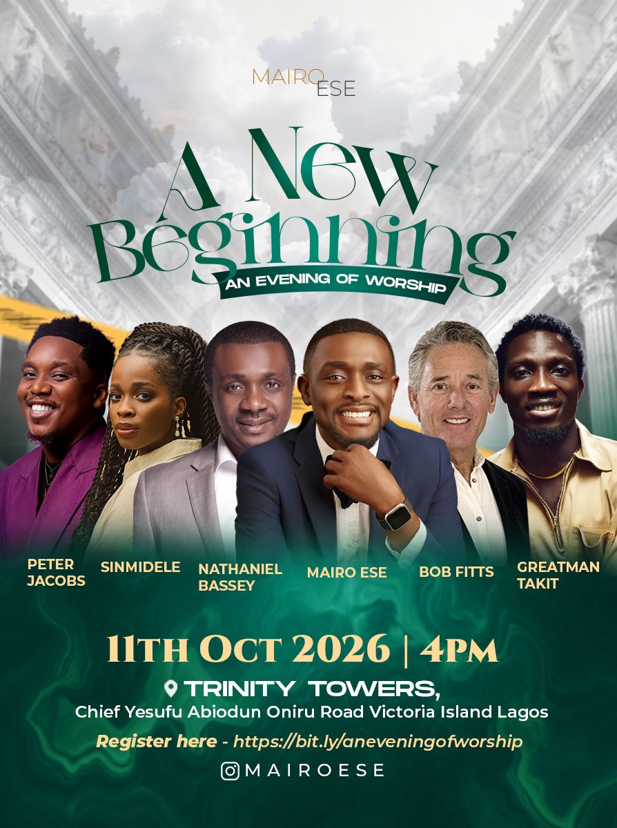 ayomairoese's tweet photo. In exactly 1 week we gather for A New Beginning - An Evening of Worship!

Don’t miss this! 

You can register to attend FREE here -  https://t.co/ukqysCxIG2

@mairo_ese 
#ANewBeginning 
#EveningofWorship 
#Worship 
#MairoEse https://t.co/NHrPhaN8TQ