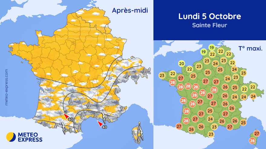 MeteoExpress's tweet photo. 🌤️ Ce lundi : soleil dominant &amp; chaleur modérée. Risque d'averses en Méditerranée et vers les reliefs. ➡ https://t.co/3SZnwKCAD7 https://t.co/mJmEn5wRDk
