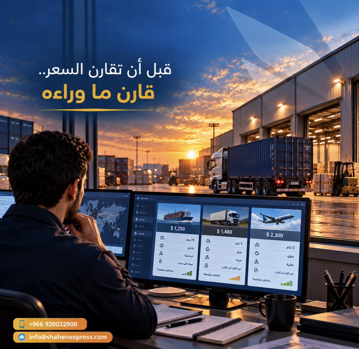 SHAHENEXPRESS's tweet photo. وصلتك عروض شحن مختلفة لنفس الوجهة؟

لا تجعل السعر وحده يحسم القرار.

قارن مدة النقل، المسار، نقاط التوقف، ما يشمله العرض ومتطلبات التخليص.

فالخيار الأفضل ليس الأرخص دائمًا، بل الذي يوازن بين التكلفة والوقت والموثوقية.

Received different freight quotes for the same destination?

Don’t let price alone drive the decision.

Compare transit time, route, stops, what’s included, and customs requirements.

The best option isn’t always the cheapest  it’s the one that balances cost, time, and reliability.

#SHAHEN #Logistics #FreightForwarding #SupplyChain 

#شاحن #اللوجستيات #SHAHEN #Logistics