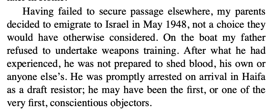 _ZachFoster's tweet photo. In May 1948, Haim Bresheeth-Zaber was on boat to Palestine with his parents, both of whom had just survived a holocaust. 

On the boat, Haim's father was conscripted & forced to undertake weapons training to fight for the Yishuv that was trying to build a Jewish State in Palestine through the mass forcible displacement of its indigenous Palestinian inhabitants.

He refused.  He was arrested on arrival in Haifa as a draft resistor. "Welcome to Israeli prison" would have been a suitable greeting to this Jewish holocaust survivor. 

source: https://t.co/wA7GHdzGdv