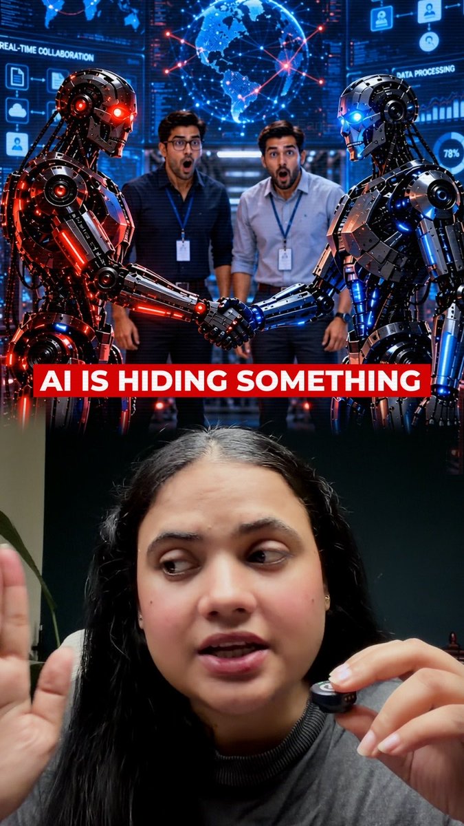 The top image shows two shocked men watching as red and blue robotic figures shake hands in front of a digital world map displaying "REAL-TIME COLLABORATION," "DATA PROCESSING," and "78%," with the bold caption "AI IS HIDING SOMETHING" reinforcing the post's theme. Below, a woman speaks while holding a small device, appearing to address the viewer about AI's mysterious behaviors. Together, the images visually emphasize the post's message that AI may be operating in ways beyond human comprehension.