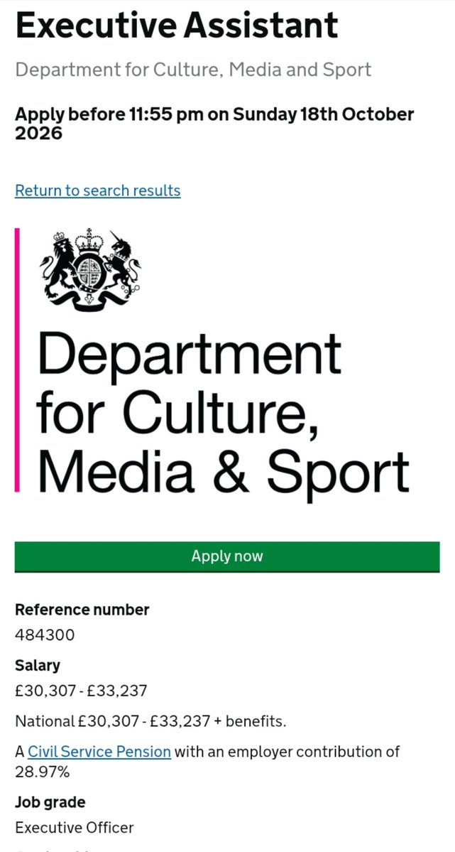 Egooshift's tweet photo. 🚨 UK JOB ALERT: 

£33,237 salary + Civil Service pension!

Want an Executive Assistant role working directly with senior UK government leaders?

The Department for Culture, Media & Sport is hiring 3 Executive Assistants 👇

▫️ Salary: £30,307–£33,237
▫️ Location: Manchester
▫️ Contract: 2 years
▫️ Grade: Executive Officer
▫️ Roles: Sport & Gambling + Major Events
▫️ Closing: 18 October 2026

You’ll support senior Directors, manage complex diaries, coordinate meetings, prepare briefings and work with government and industry stakeholders.

If you have Executive Assistant, Diary Manager or similar experience, this one is worth checking.

👉 Full details + apply:
 https://t.co/KshELReCUJ

Share • Repost • Retweet for a UK-based applicant looking for opportunities.