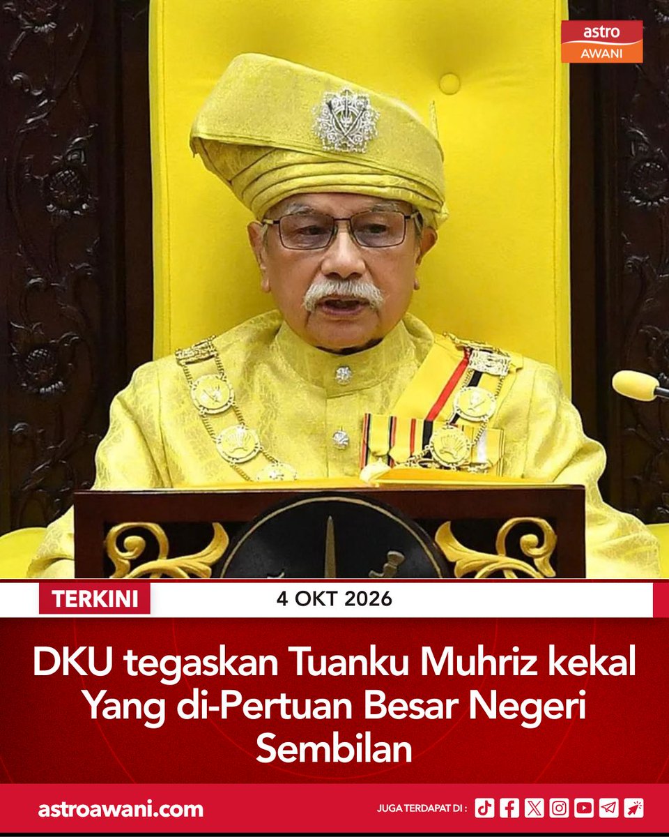 501Awani's tweet photo. Dewan Keadilan dan Undang Negeri Sembilan (DKU) sekali lagi menegaskan bahawa Tuanku Muhriz Tuanku Munawir kekal sebagai Yang Dipertuan Besar Negeri Sembilan.

Setiausaha Dewan Raja Norazli Raja Nordin berkata Tuanku Muhriz dipilih oleh para Undang dan dimasyhurkan sebagai Yang Dipertuan Besar ke-11 pada 29 Dis 2008 serta ditabalkan secara rasmi menurut Undang-Undang Tubuh Kerajaan Negeri Sembilan 1959 (UUTKNS) pada 26 Okt 2009. 

#AWANInews

Berita lanjut di: https://t.co/4miUadZL7G
