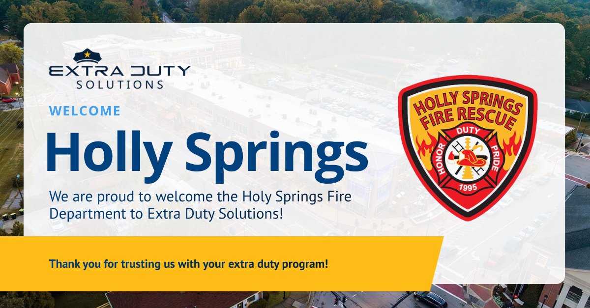 extradutysolved's tweet photo. Welcome, Holly Springs Fire, NC!
We are proud to welcome the Holly Springs Fire Department to Extra Duty Solutions.
We are excited to have you on board!
#NorthCarolina #FireService #PublicSafety #ExtraDutyDoneRight https://t.co/OtnL5djmkx