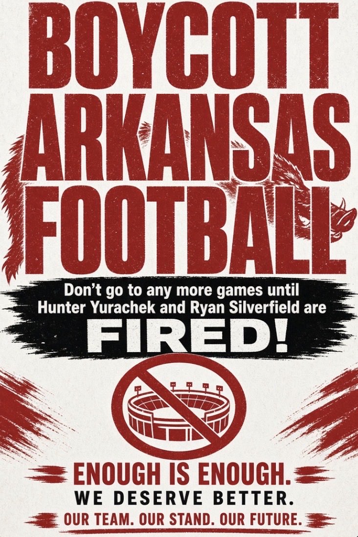 DrunkBazz's tweet photo. attention @RazorbackFB fans! don’t go to the @Vol_Football game or any other game! #BoycottArkansasFootball until @HunterYurachek and @RSilverfield are fired! https://t.co/gPfJKBI0WI