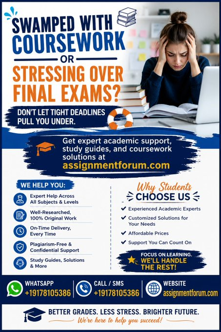 Assignment29457's tweet photo. Swamped with assignments, coursework, and upcoming final exams? 

Don't let academic stress burn you out. Check out https://t.co/LfT0f8SC4I for step-by-step guidance, study resources, and expert peer insights to elevate your grades! 

#StudyTips #CollegeLife #Exams #HigherEd https://t.co/CnVEih1IrQ
