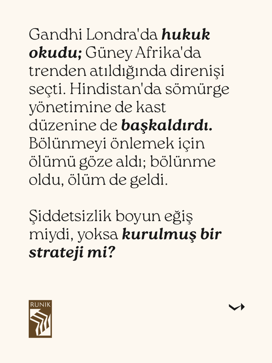 RunikKitap's tweet photo. Gandhi ülkesinin bölünmesini önlemek için ölümü göze aldı; bölünme oldu, ölüm de geldi. Şiddetsizlik onun elinde boyun eğiş değil, kurulmuş bir stratejiydi. Douglas Allen'ın kaleminden bir portre: "Mahatma Gandhi". #RunikKitap #RunikPortre https://t.co/m54fXnUnMr