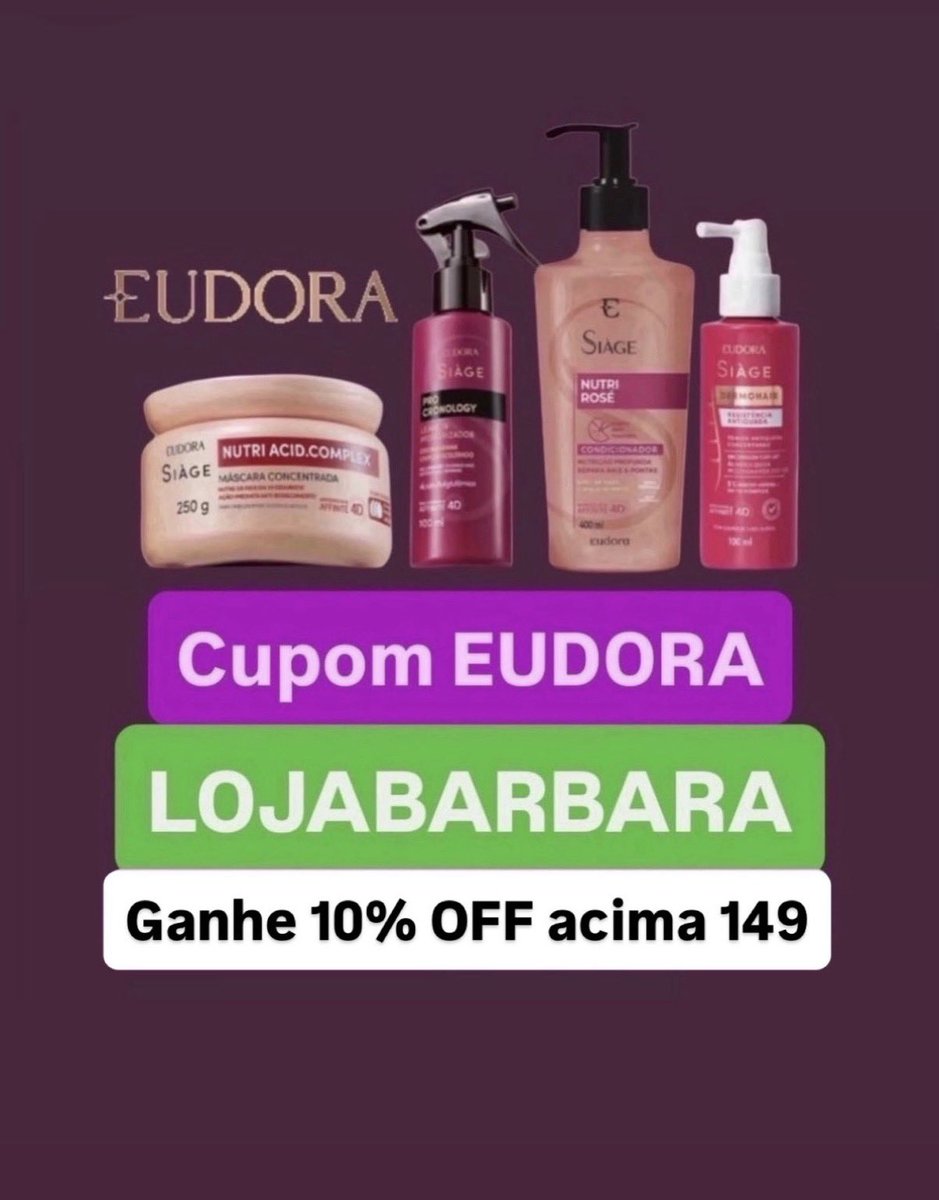cupom_da_ba's tweet photo. Cupom Eudora 2026: LOJABARBARA
✨Use o cupom LOJABARBARA para ganhar 10% off acima 149
Código ativo e verificado em 2026 para Siàge, Niina Secrets e todo site EUDORA.
#eudora #cupomeudora #siage #niinasecrets
https://t.co/Zy7K5oyaP0 https://t.co/pTff4I6AKh