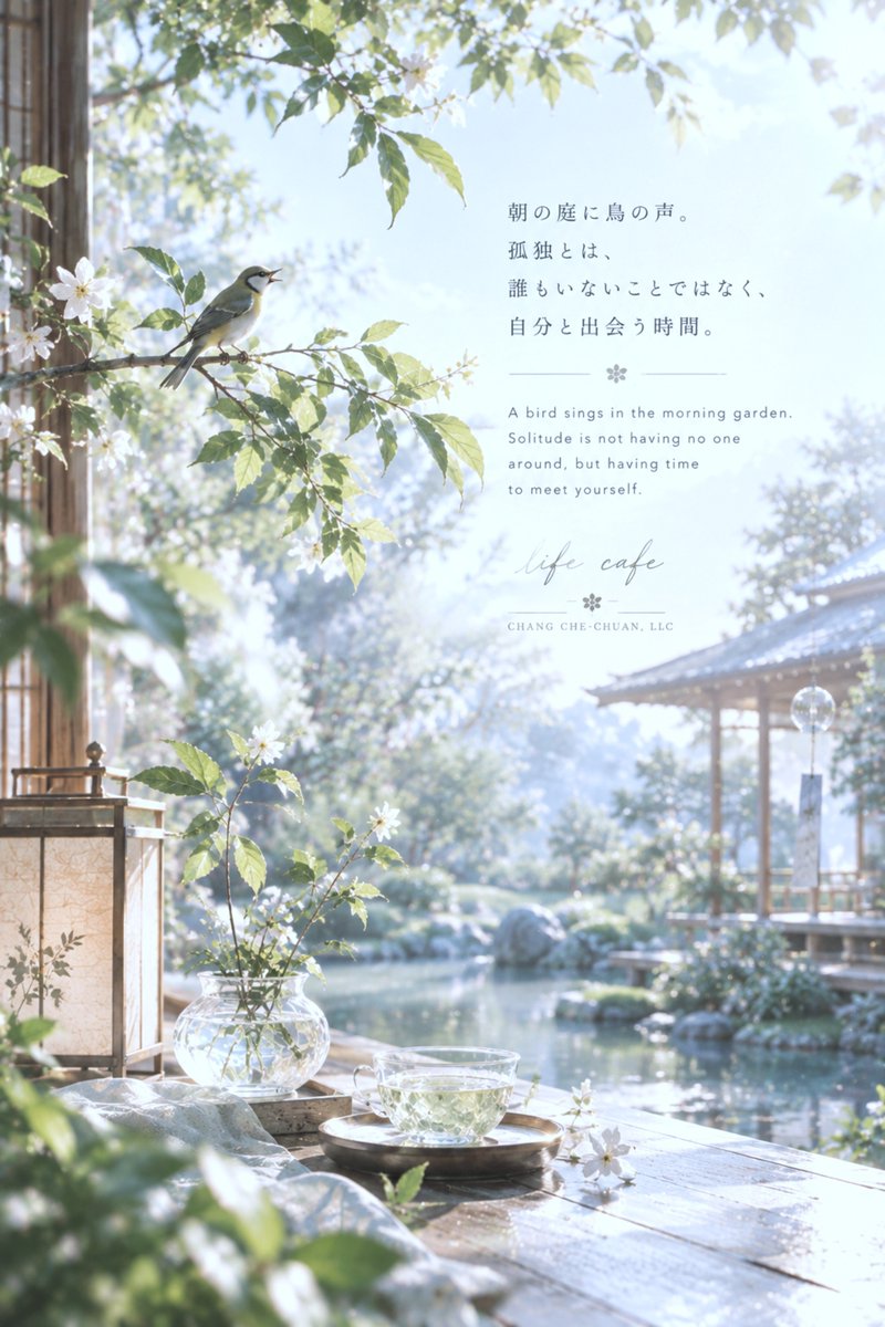 ChangChe_Chuan's tweet photo. 作品紹介｜Official Post

朝の庭に、鳥の声。
静かな光の中で、
ひとりでいる時間が、心の輪郭をそっと映し出す。
孤独は、誰もいないことではない。
誰かの声から少し離れて、
自分自身の声を聴くための時間。
朝の風が葉を揺らすように、
心もまた、静けさの中でゆっくりとほどけていく。

A bird sings in the morning garden.
In the quiet morning light,
solitude gently reveals the shape of the heart.
Solitude is not the absence of others.
It is a quiet space between voices,
where we can finally hear our own.
Like leaves moving softly in the morning breeze,
the heart also begins to unfold
when it is given enough silence.

— life cafe
CHANG CHE-CHUAN, LLC