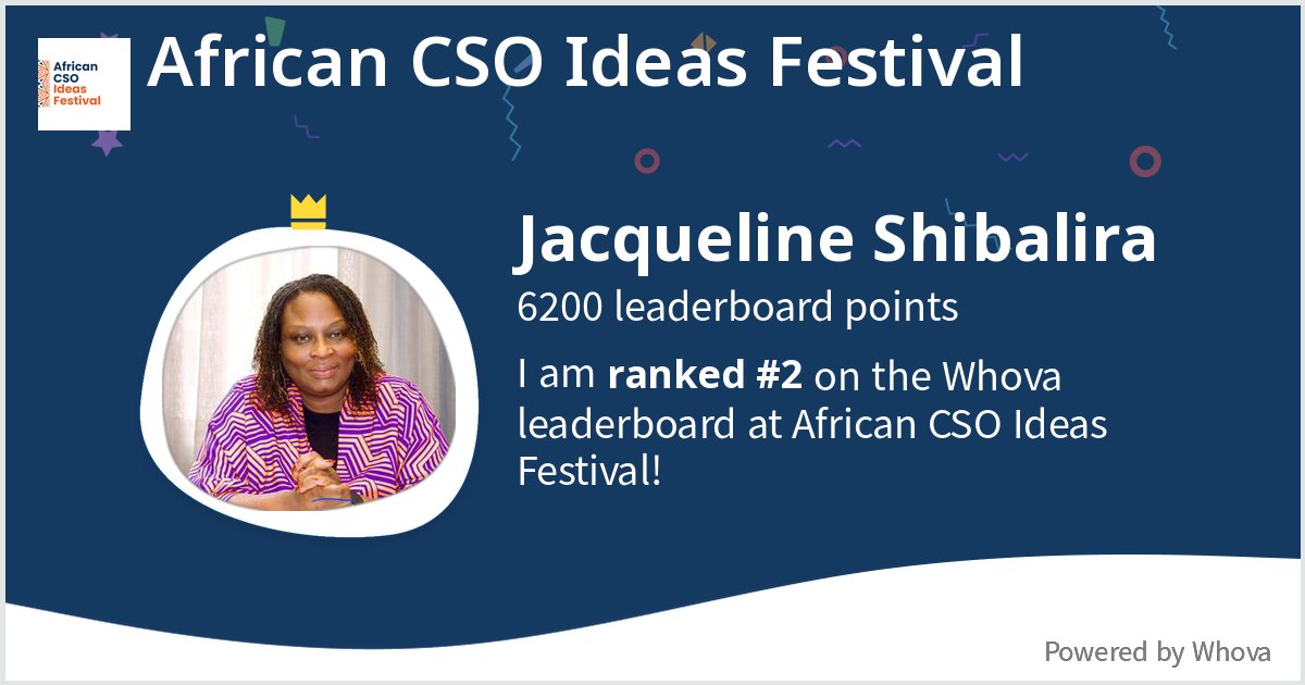 Shibalirajacque's tweet photo. I ranked #2 on the Whova leaderboard at African CSO Ideas Festival! - via #Whova event app https://t.co/91g1Ap5V1z