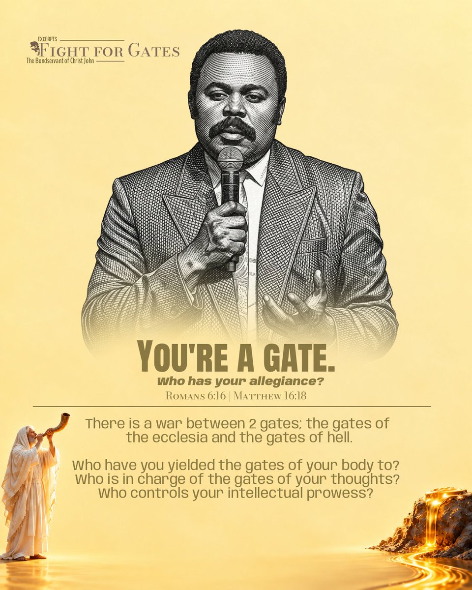 PstJohnAnosike's tweet photo. You're a gate. Who has your allegiance? Rom 6:16 | Matthew 16:18
There is a war between 2 gates, the gates of the ecclesia and the gates of hell.

Who have you yielded the gates of your body to?

Who is in charge of the gates of your thoughts?
Who controls your intellectual prowess?
The Bondservant of Christ John

-------------------------------------
Excerpts - Fight for Gates cv