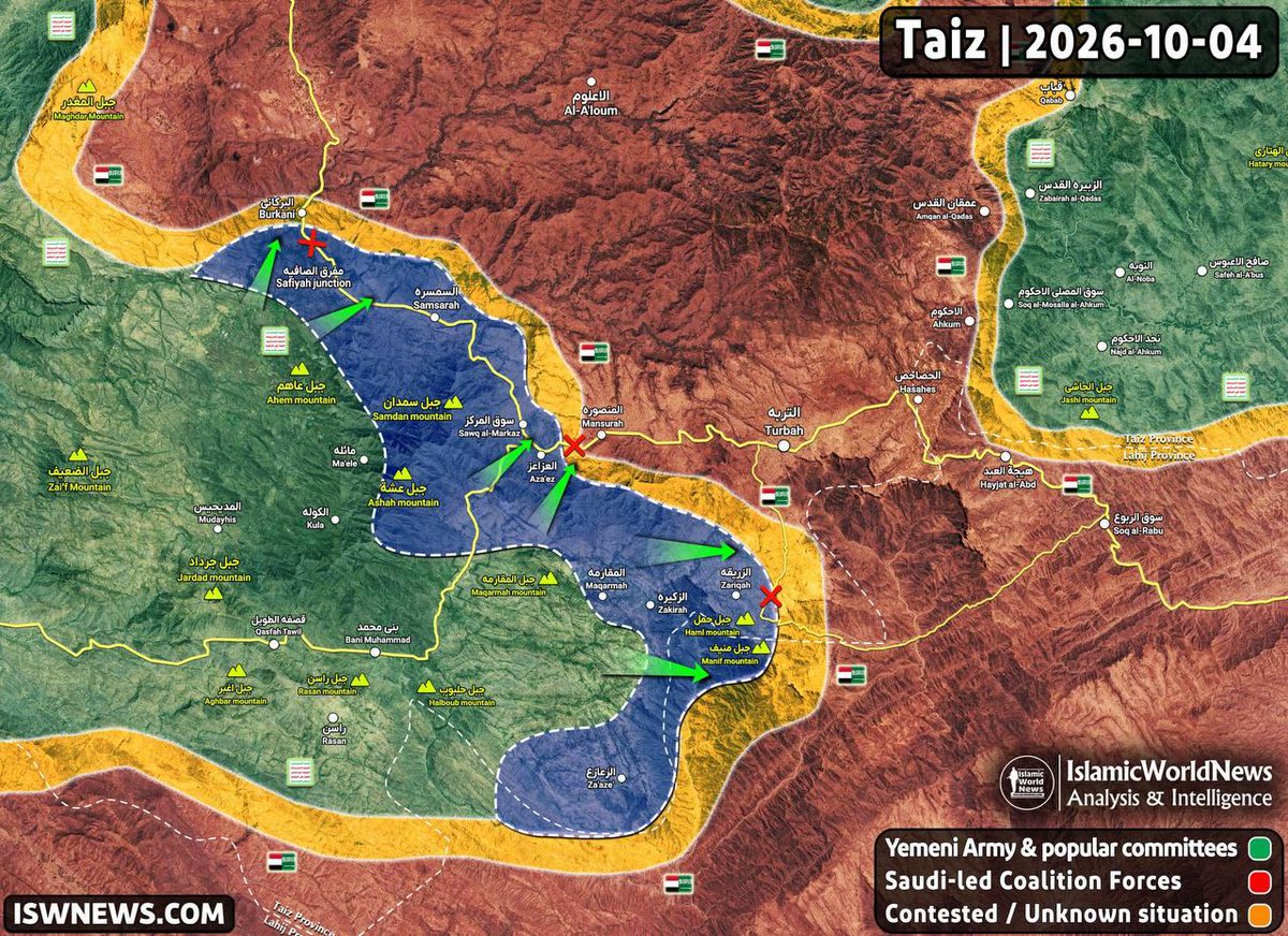 TheCradleMedia's tweet photo. Yemen's Ansarallah cuts Taiz–Aden supply route, tightens encirclement of Taiz
——
The Ansarallah-led Yemeni Armed Forces have reportedly seized the Al-Safiya area and cut the main supply road linking Taiz with Aden, effectively tightening the encirclement of Taiz city, according to AFP, citing four security sources.

A local police source told AFP that Ansarallah also took control of the area's police station, while three Yemeni military sources confirmed the group's control of both the area and the key supply route. Fighting in the area remains ongoing.

The advance follows days of heavy clashes between Ansarallah and Saudi-backed government forces around Taiz.

Although the city remains under Saudi-backed government control, it has long been besieged from the north, east, and west and remains one of the main front lines in Yemen's war, which reignited in July after several years of relative calm.