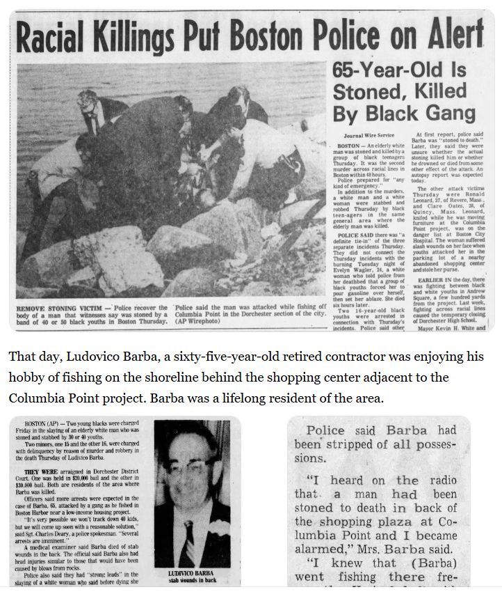 NatCon2022's tweet photo. Two days after Evelyn Wagler was burned alive on 10/2/1973 in a racially motivated torture murder, Ludivico Barba, 65, was fishing at Columbia Point in Boston when a huge mob of Blacks showed up.

They pelted him with rocks and then finished him off with stab wounds. https://t.co/VC98Jvl1HN