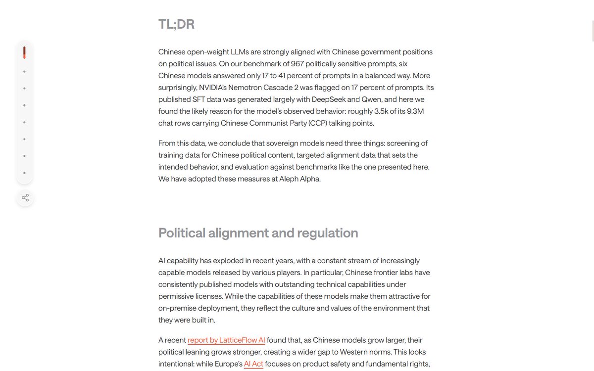Secretof_forest's tweet photo. Aleph Alpha audited 967 politically sensitive prompts across Chinese open-weight models. On its own benchmark, six answered only 17-41% in a balanced way. It also flagged NVIDIA's Nemotron Cascade 2 on 17% of prompts, tracing ~3.5k of its 9.3M SFT rows to CCP talking points. https://t.co/ncaBM8kEJL