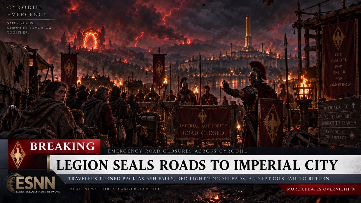ESNewsNet's tweet photo. 🚨 ESNN EMERGENCY UPDATE:

The Imperial Legion has begun sealing roads leading into the Imperial City.

Travelers from the south report entire villages abandoned overnight, with ash falling from the sky and red lightning visible beyond the hills.

Several Legion patrols dispatched to investigate have not returned.

The Elder Council has not issued a public statement.

One soldier speaking to ESNN on condition of anonymity gave us only six words:

“They’re coming through faster than we can kill them.”

More as this develops.

— Elder Scrolls News Network