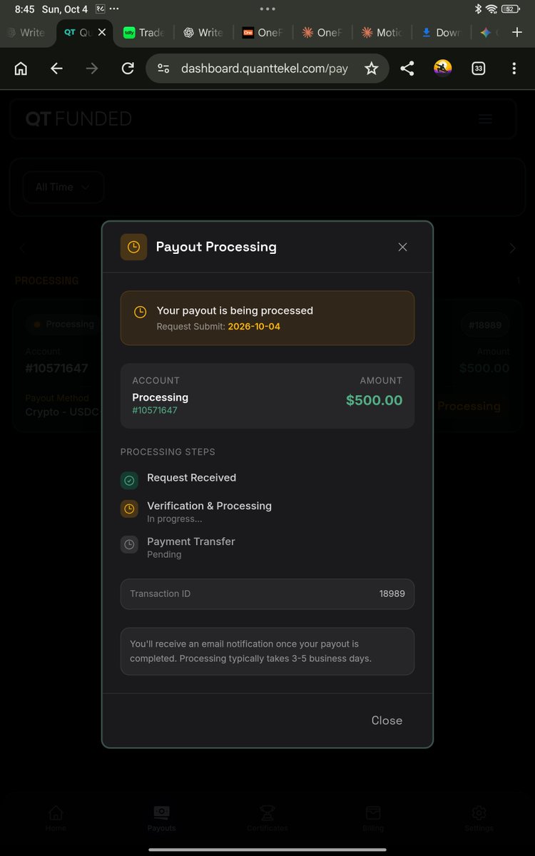 jenishict's tweet photo. Finally requested my @QtFunded payout ✅

Completed the full cycle with:

8 profitable days ✅
0.5% minimum each ✅
Risk always below 1% ✅

I’ve also been seeing QT approve some solid payouts lately, so I’m feeling positive about this one.

Now we wait 👀💸 https://t.co/C4LjvaaMsi