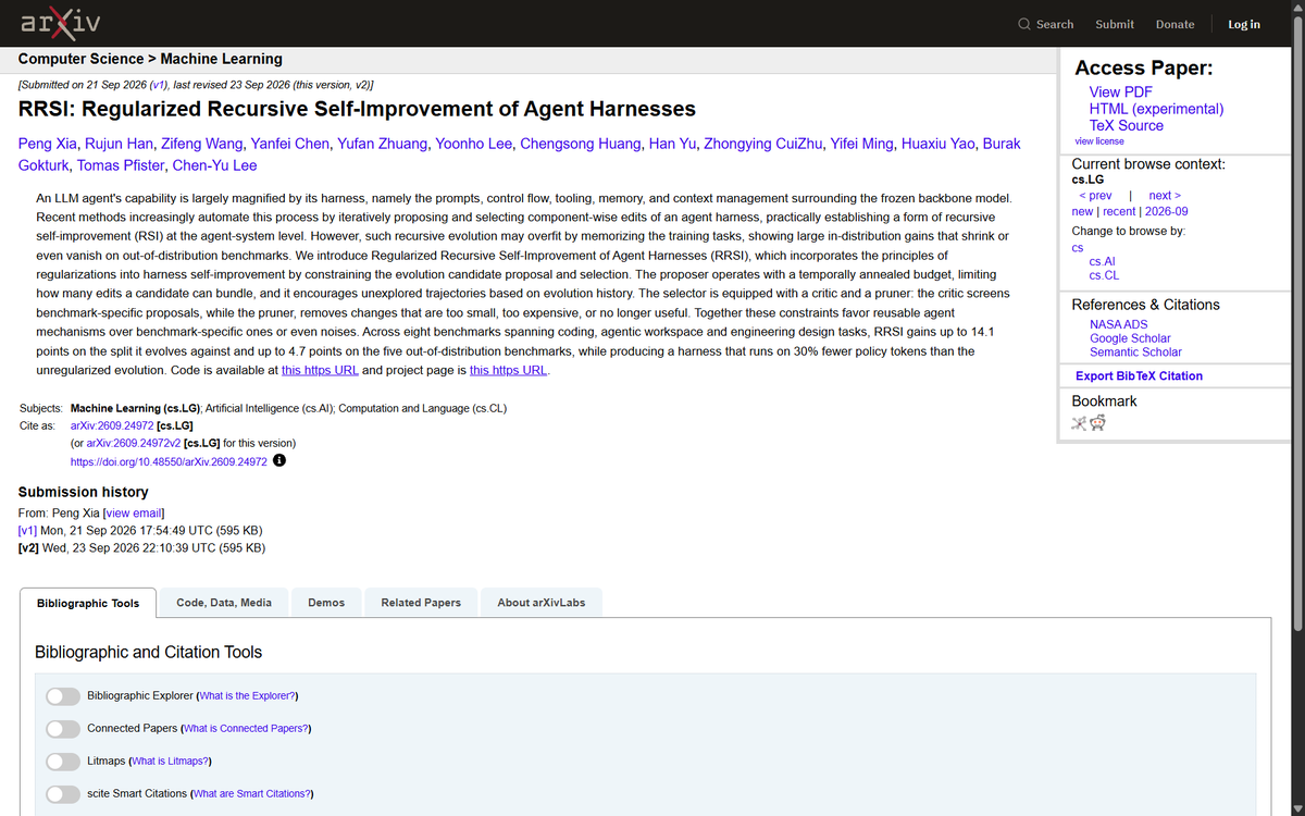Secretof_forest's tweet photo. Google Cloud AI Research's RRSI regularizes agent-harness self-improvement: a shrinking edit budget plus a critic that rejects benchmark-specific edits. Across 8 benchmarks it gains up to 14.1 pts in-domain and 4.7 pts on five held-out ones, at ~30% fewer tokens. https://t.co/WI0eDpfsLc