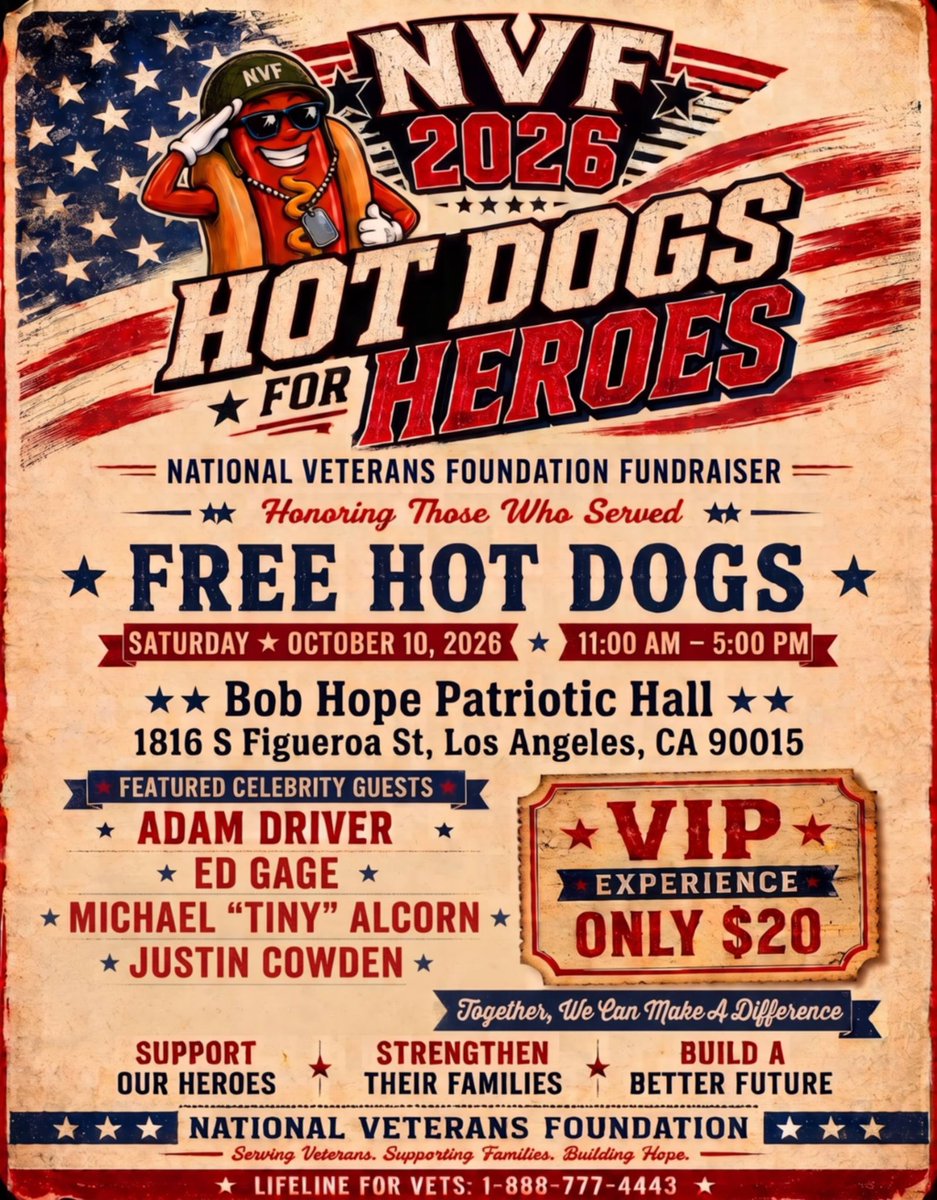 adamdrivercentl's tweet photo. Adam Driver will reportedly be a featured celebrity guest at the National Veterans Foundation’s Hot Dogs for Heroes event in Los Angeles on Oct 10, 2026 👀

*free event, $20 for a VIP experience 📸 Ed Gage/NVF https://t.co/hXItII2MlJ