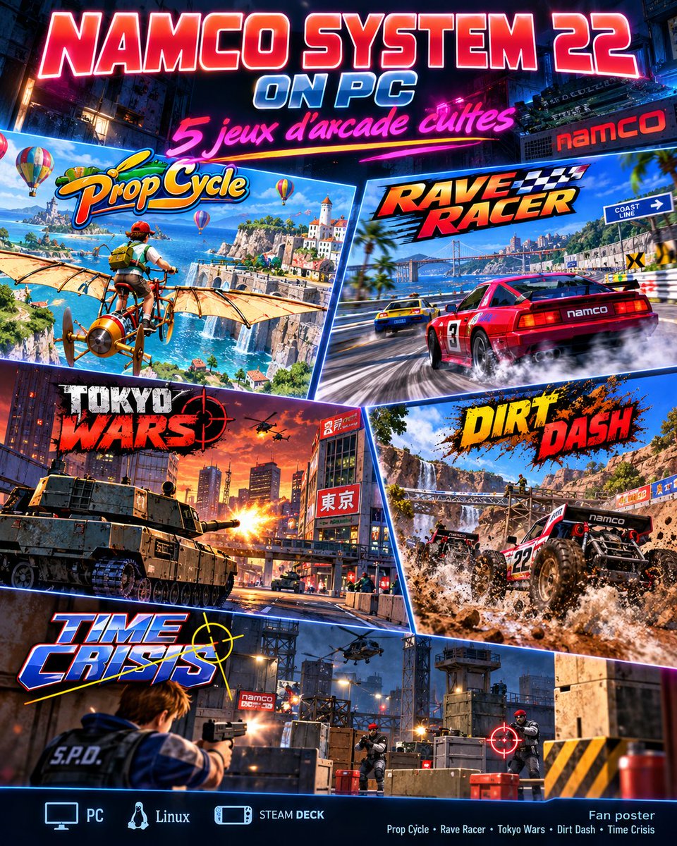 danivempire666's tweet photo. Le projet Namco System 22 devient vraiment impressionnant 🔥

5 jeux arcade Namco reconstruits pour tourner nativement sur PC :

• Prop Cycle
• Rave Racer
• Tokyo Wars
• Dirt Dash
• Time Crisis

Windows + Linux, AppImage Steam Deck, widescreen, contrôles modernes… et même du online pour Rave Racer 👀

Ce n’est plus juste une curiosité technique, ça devient une vraie collection de ports PC modernes

https://t.co/Asd76sKwhs