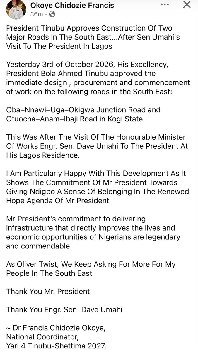 NwekereNdoki's tweet photo. Benefits of Umahi to Ndi Igbos and SE

What is the benefit SE or Ndi Igbo has derived from Obi’s politics? 😂 

Nothing aside noise

BTW, if you observe Umahi’s project you will see a man that’s in touch with Igbo land and SE.

That road leading to Kogi is a unity road!! https://t.co/IrgEQUmhuw
