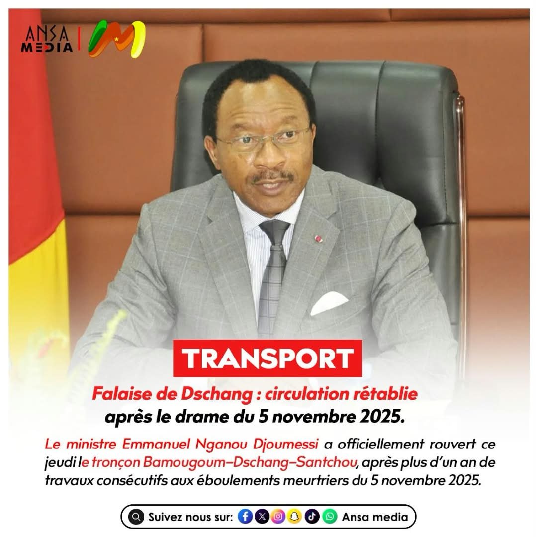 AnsaMedia237's tweet photo. Falaise de Dschang : la circulation rétablie près d’un an après le drame du 5 novembre 2025.
https://t.co/zrgY0jR9Ox
#AnsaMedia #Dschang #FalaiseDeDschang #Santchou #Bamougoum #TravauxPublics #MINTP #Infrastructure #Route #Cameroun #EmmanuelNganouDjoumessi #Transport #Sécurité https://t.co/yDqPF56cR1