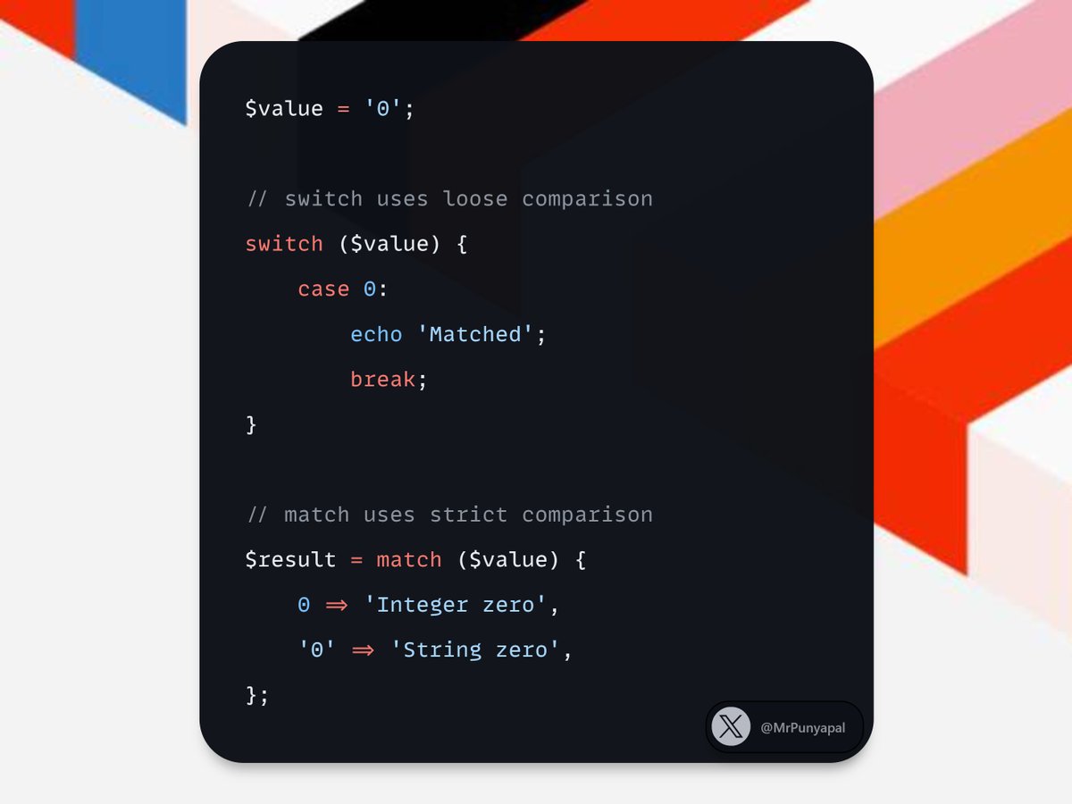MrPunyapal's tweet photo. 🐘 PHP tip.

Unlike switch, match uses strict comparison (===).

That means match won't treat 0 and '0' as the same value.

A small difference, but one worth remembering when handling values from requests or databases.

Have you been using match more than switch? https://t.co/17cbpkBGFl