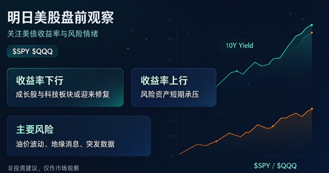 jerrychen0awi's tweet photo. 明日美股盘前展望
核心驱动：10 年期美债收益率走势，仍是大盘科技股最重要变量。
当前主线预期：除非通胀进一步降温，美联储会维持高利率更久。
❌收益率上行 → 风险资产承压两种情景推演：✅收益率下行 → $QQQ 与 AI 板块迎来修复
不确定因素：能源价格、突发时事新闻，行情无绝对。
⚠️仅市场观察，不构成交易建议，非投资建议。你觉得明天会走出哪种情景？#StockMarket