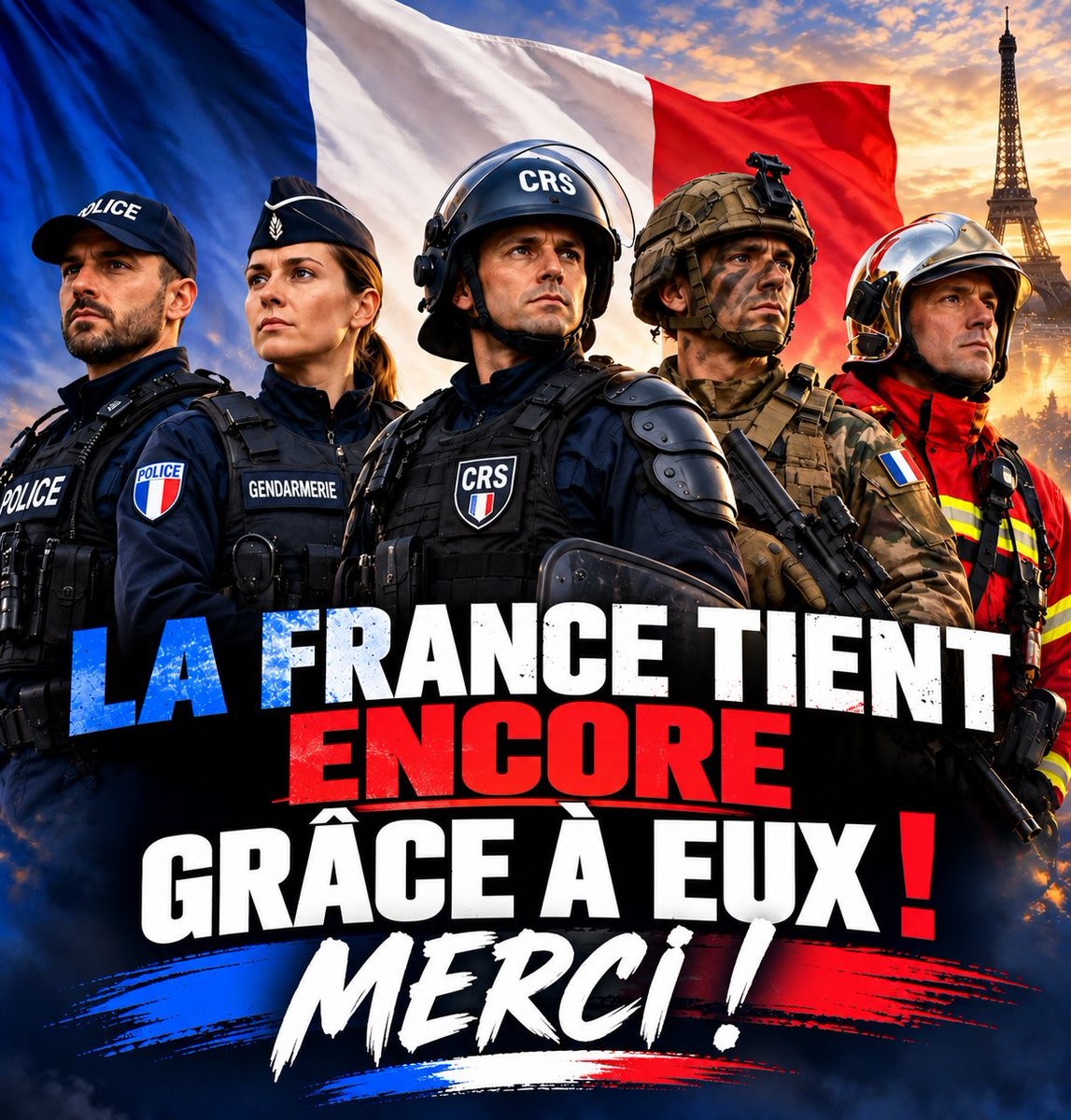 Christofff68's tweet photo. @alliancepolice Sans vous, policiers, gendarmes, militaires, pompiers et personnels de soignants, la France sombrerait dans l’abîme.

Vous êtes parmi ceux qui maintiennent encore notre pays debout, jour et nuit, au péril de votre vie.

Sans vous, ce serait la fin.

Un seul mot : MERCI ! 🇫🇷 https://t.co/NvHmVMpvM5