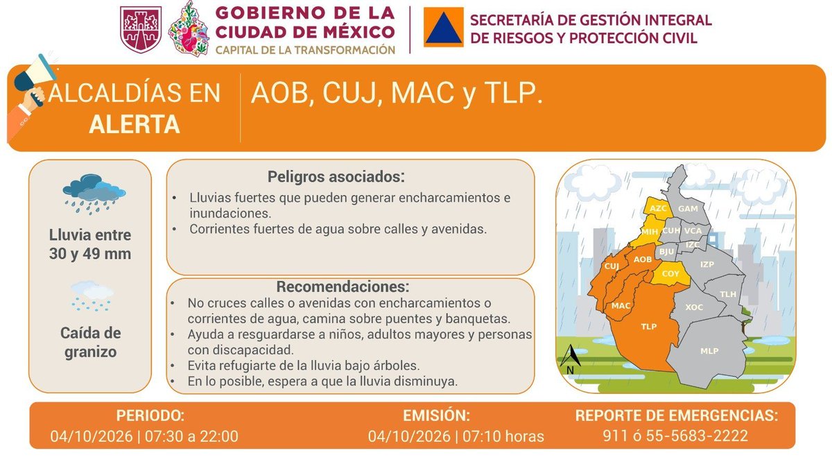 MXReferencia's tweet photo. #CDMX

La @SGIRPC_CDMX activó la #AlertaNaranja por pronóstico de #lluvias fuertes y posible caída de granizo, para la mañana, tarde y noche del domingo, en las demarcaciones: @AlcaldiaAO, @cuajimalpa_gob, @ALaMagdalenaC y @TlalpanAl .

Además, activó la #AlertaAmarilla por pronóstico de #lluvias fuertes y posible caída de #granizo, para las demarcaciones: @AzcapotzalcoMx, @Alcaldia_Coy y @AlcaldiaMHmx.