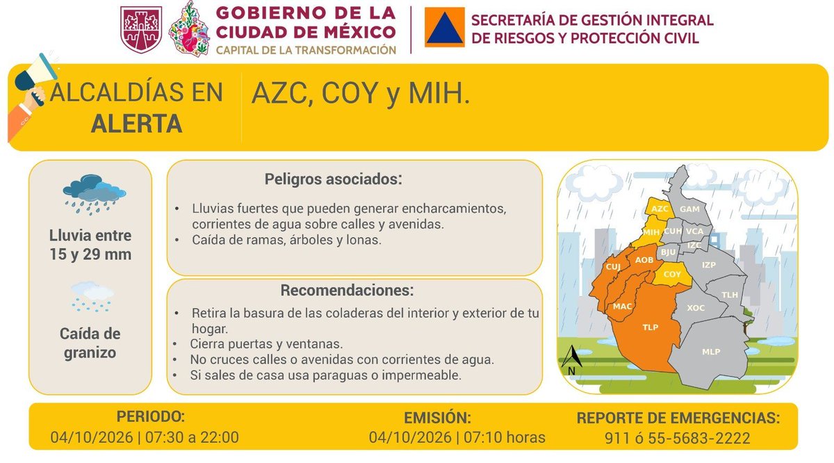 MXReferencia's tweet photo. #CDMX

La @SGIRPC_CDMX activó la #AlertaNaranja por pronóstico de #lluvias fuertes y posible caída de granizo, para la mañana, tarde y noche del domingo, en las demarcaciones: @AlcaldiaAO, @cuajimalpa_gob, @ALaMagdalenaC y @TlalpanAl .

Además, activó la #AlertaAmarilla por pronóstico de #lluvias fuertes y posible caída de #granizo, para las demarcaciones: @AzcapotzalcoMx, @Alcaldia_Coy y @AlcaldiaMHmx.