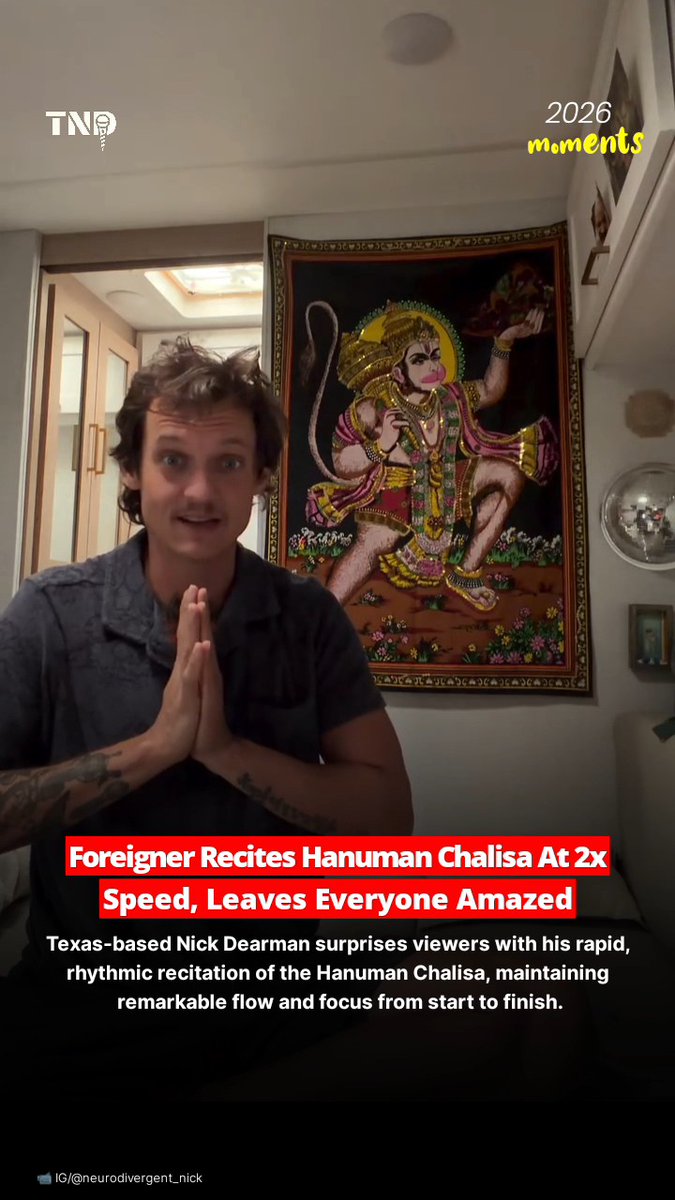 A news thumbnail from 'TNP moments 2026' featuring a man with hands folded in prayer before a Hanuman tapestry, captioned 'Foreigner Recites Hanuman Chalisa At 2x Speed, Leaves Everyone Amazed' about Texas-based Nick Dearman.