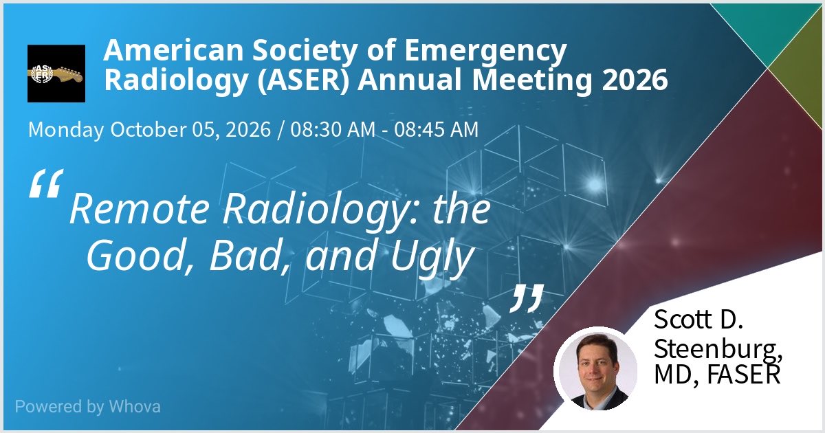 Radiology911's tweet photo. I will give a talk at American Society of Emergency Radiology (ASER) Annual Meeting 2026 on Remote Radiology: the Good, Bad, and Ugly. Hoping for a great turnout! Whatโs on your Good, Bad & Ugly list? - via #Whova event app @ERadSociety #ASER26 https://t.co/WD8amd7lxh