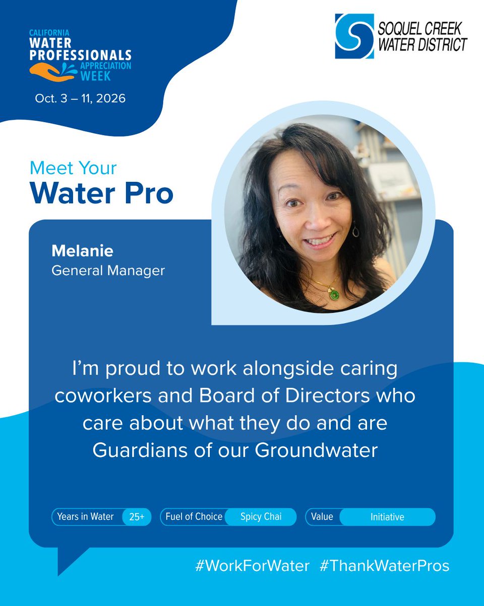 SoquelCreekH2O's tweet photo. Happy Water Professionals Appreciation Week! ๐ Weโre celebrating the people behind the scenes who keep Soquel Creek Water District's water flowing. Thanks for being a #WaterPro, Melanie! #ThankWaterPros #WeAreCAWater https://t.co/tr0F9EznH0
