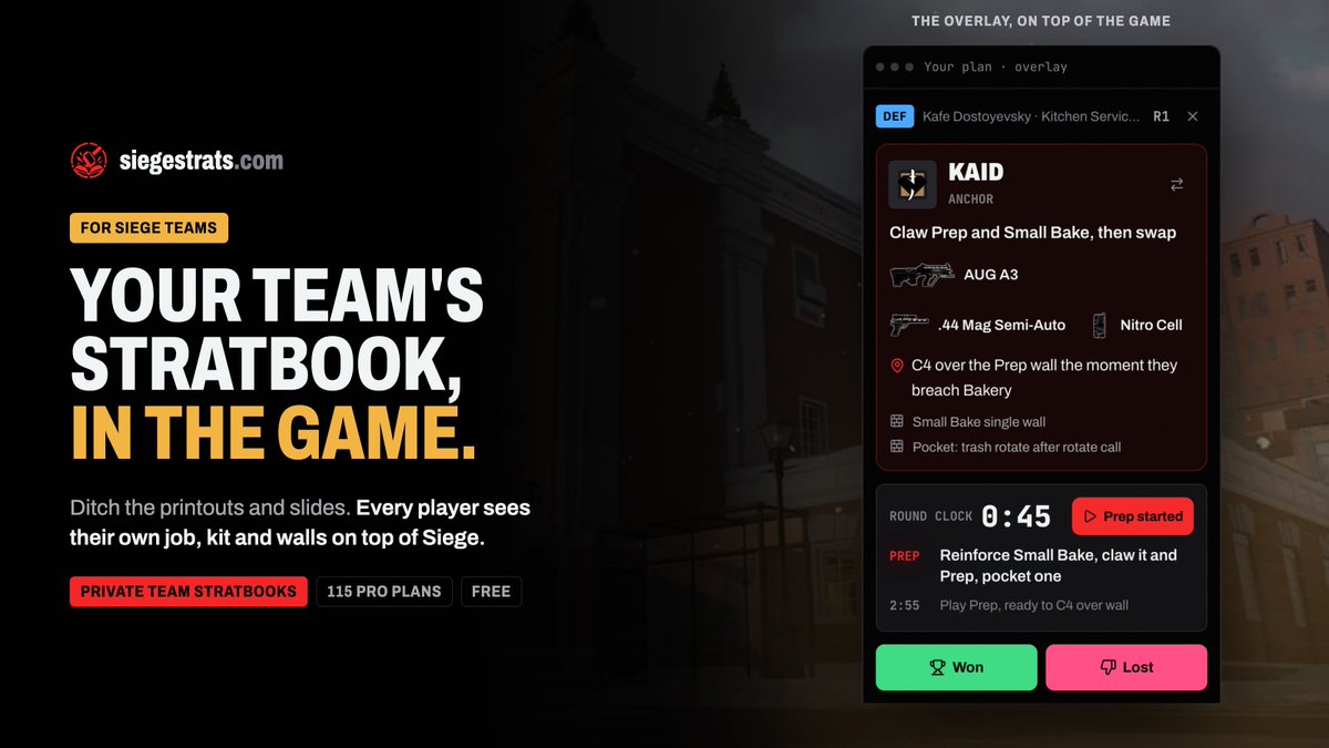 siegestrats's tweet photo. Siege teams: time to ditch the Google Slides stratbook.

Make a team, copy pro plans into your book, and every player sees their own job, kit and walls in an overlay on top of the game.

Free: https://t.co/0nOvqG0OYW

#R6 #RainbowSixSiege #R6Esports https://t.co/eby94FBPM6