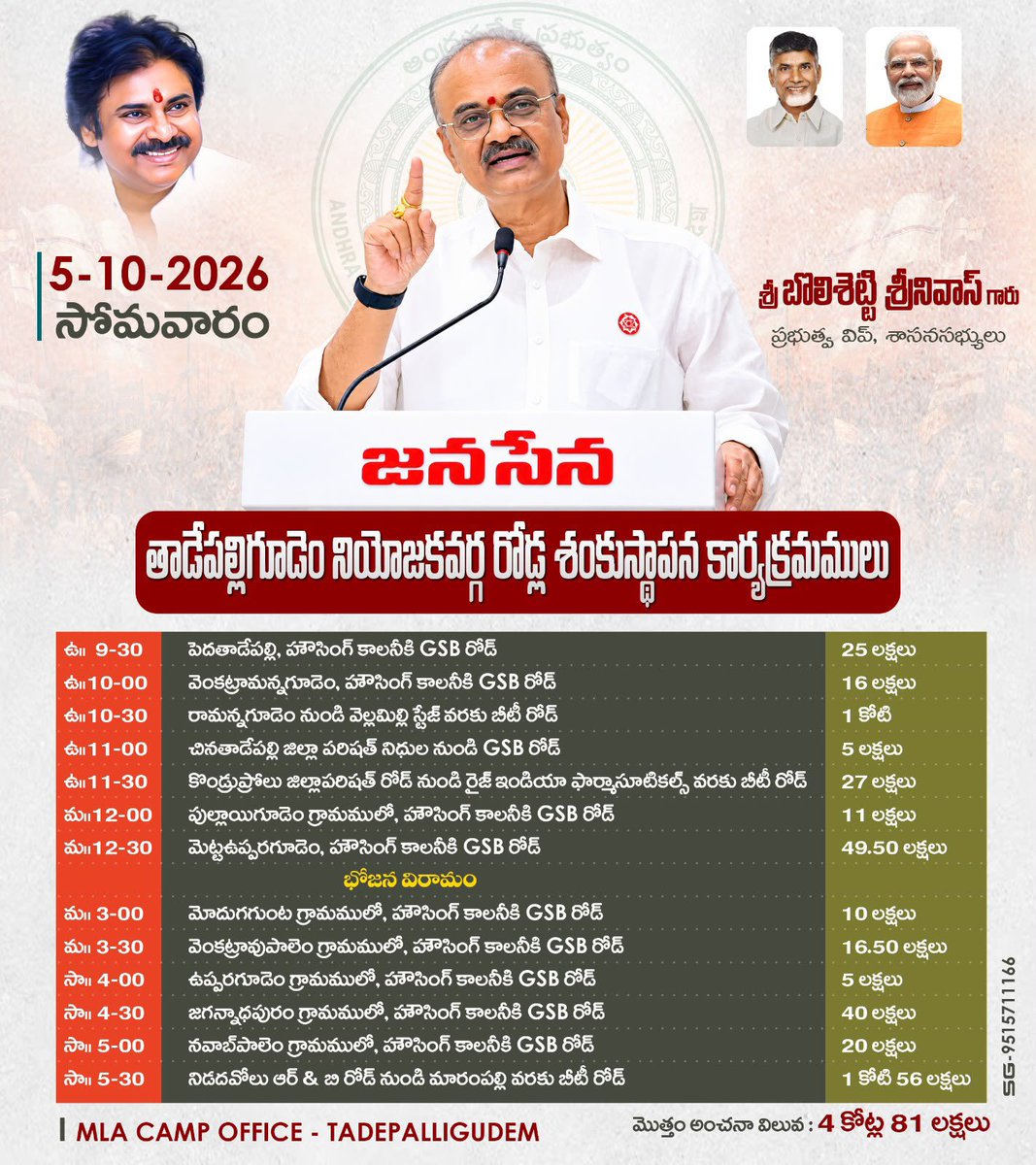 BolisettiSrinu's tweet photo. తాడేపల్లిగూడెం నియోజకవర్గ అభివృద్ధిలో మరో ముందడుగు.

ప్రజలకు మెరుగైన రహదారి సౌకర్యాలు కల్పించేందుకు నియోజకవర్గంలోని పలు గ్రామాల్లో GSB రోడ్ల నిర్మాణానికి ₹4.81 కోట్ల విలువైన అభివృద్ధి పనులు చేపడుతున్నాం.

@JanaSenaParty @PawanKalyan https://t.co/R9x2Cb87TQ