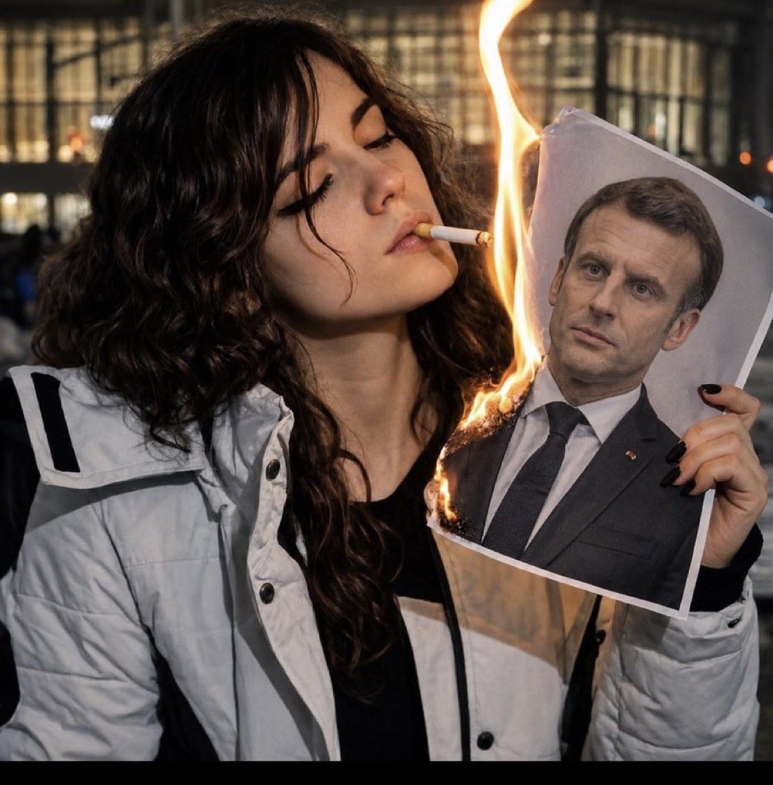 Shirink_13's tweet photo. Macron’s regime needs to go. 

We stand with French women. https://t.co/PYUoc8mN9C