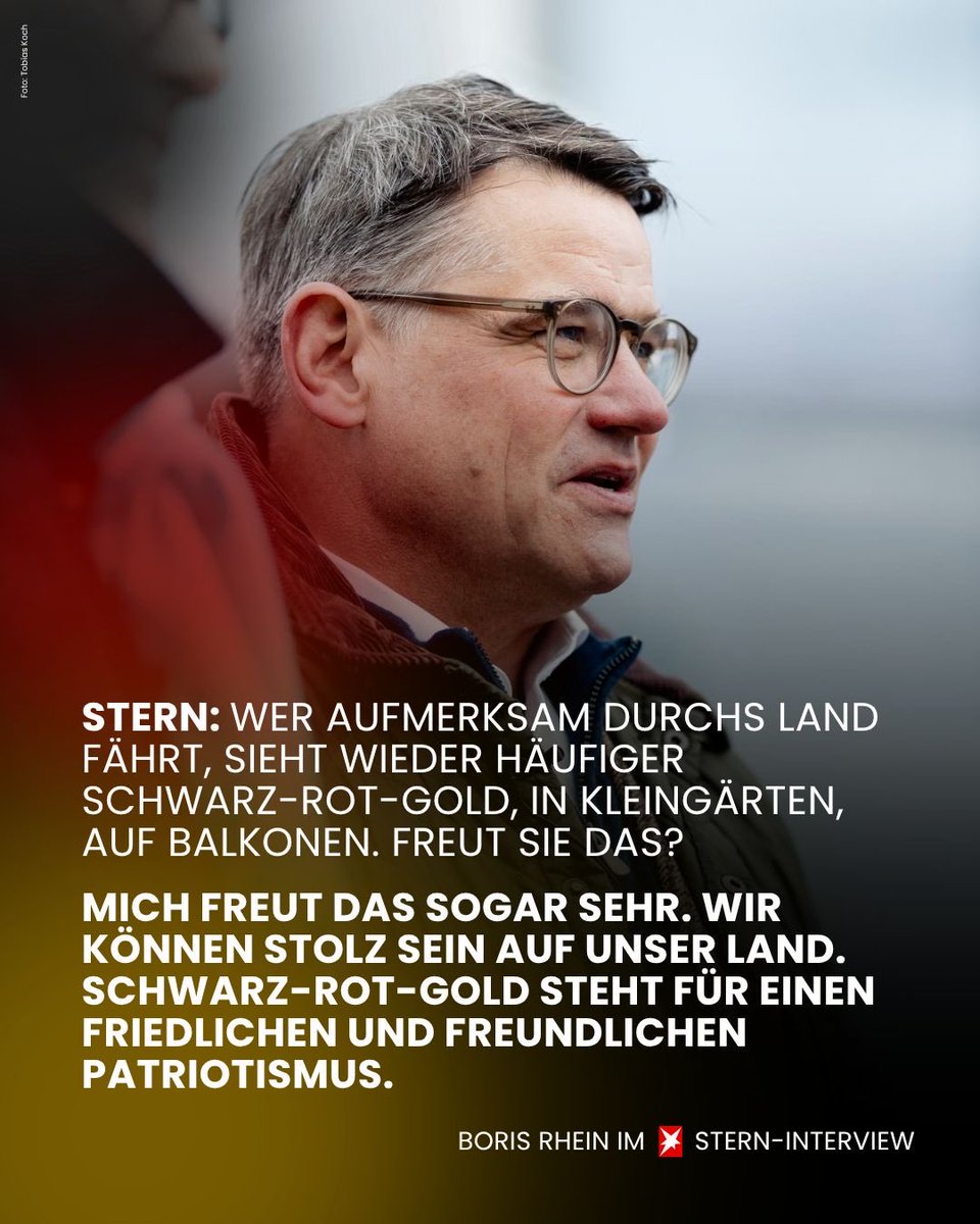 BorisRhein_cdu's tweet photo. Wir sind stolz auf unser Land – und auf Schwarz-Rot-Gold. 

Unsere Nationalfarben stehen für Freiheit, Demokratie und Zusammenhalt. Für einen friedlichen und freundlichen Patriotismus, der niemanden ausgrenzt, sondern uns verbindet. 

Wir sollten unser Land nicht ständig schlechter reden, als es ist. Deutschland hat Herausforderungen – aber auch allen Grund zu Selbstbewusstsein und Zuversicht. 
Darüber und über viele weitere Themen habe ich mit dem @stern gesprochen.
