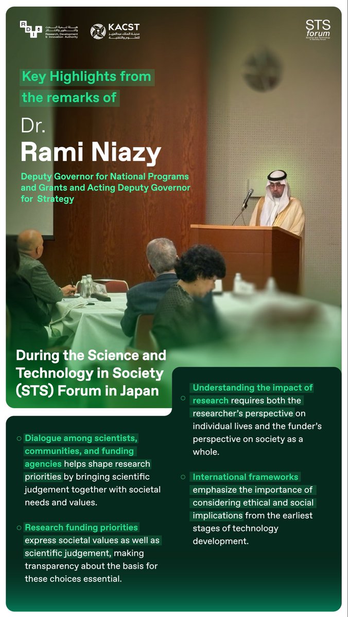 SaudiRDI's tweet photo. As part of the Kingdom's delegation to the Science and Technology in Society (STS) Forum in Japan,Dr. Rami Niazy participated in a discussion on cognitive enhancement, emphasizing the role of scientific judgement, societal values, and ethical responsibility in shaping research funding priorities.