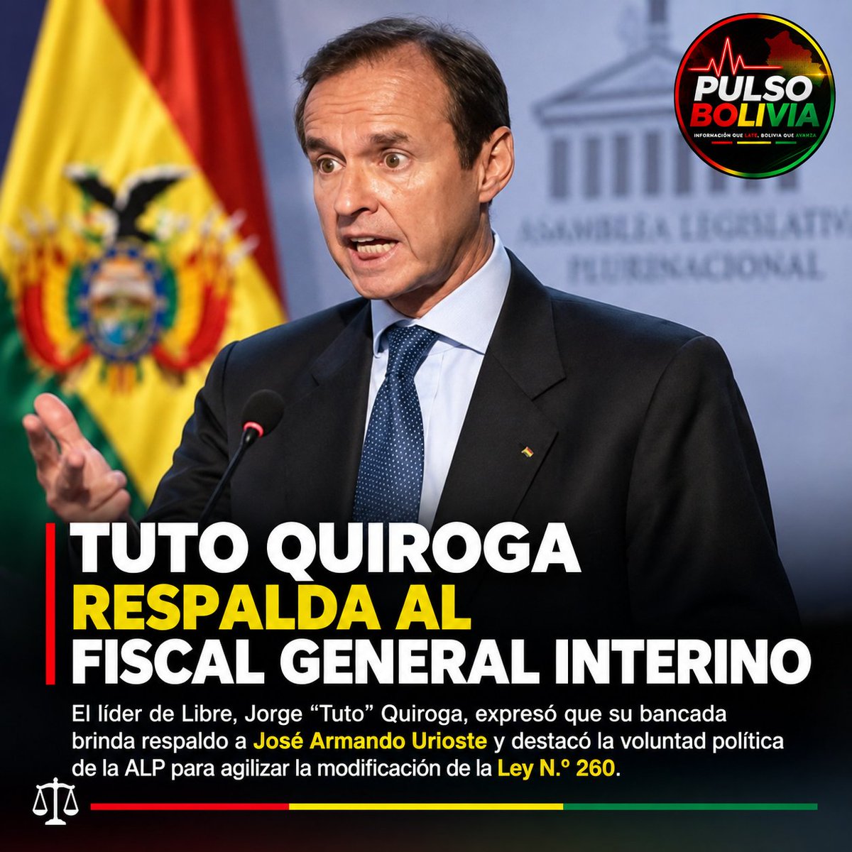 Bo5989717pulso's tweet photo. ⚖️🇧🇴 TUTO QUIROGA RESPALDA A URIOSTE
Jorge “Tuto” Quiroga afirmó que su bancada respalda al fiscal general interino, José Armando Urioste, y destacó el avance para modificar la Ley N.º 260.
#Bolivia #TutoQuiroga #Urioste #FiscalGeneral #ALP #Política https://t.co/S4Px4Ynzd6