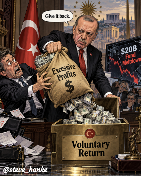 steve_hanke's tweet photo. #TurkeyWatch🇹🇷: Turkey’s answer to its $20B fund meltdown? The regulator has opened “voluntary return accounts” asking investors who made “excessive” profits before the collapse to give them back.

THE REGULATOR MUST BE DREAMING. https://t.co/zYqTUkNqwe