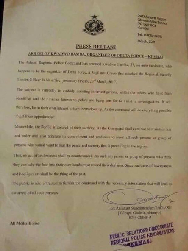 seth_doe22's tweet photo. Arrest of Kwadwo Bamba, former leader of Delta Force now NPP first Vice Chairman to lead at least 3 million Ghanaian citizens from all walks of life who are personally affiliated to NPP. 

If this is a motivational story then it means NPP has more room for underdog motivations as the upperdogs seem to be losing their hold. 

I want political science students to study his leadership style and later inform us on whether his aggressive political attitude will champion the needs of the party and their chances in the next elections.