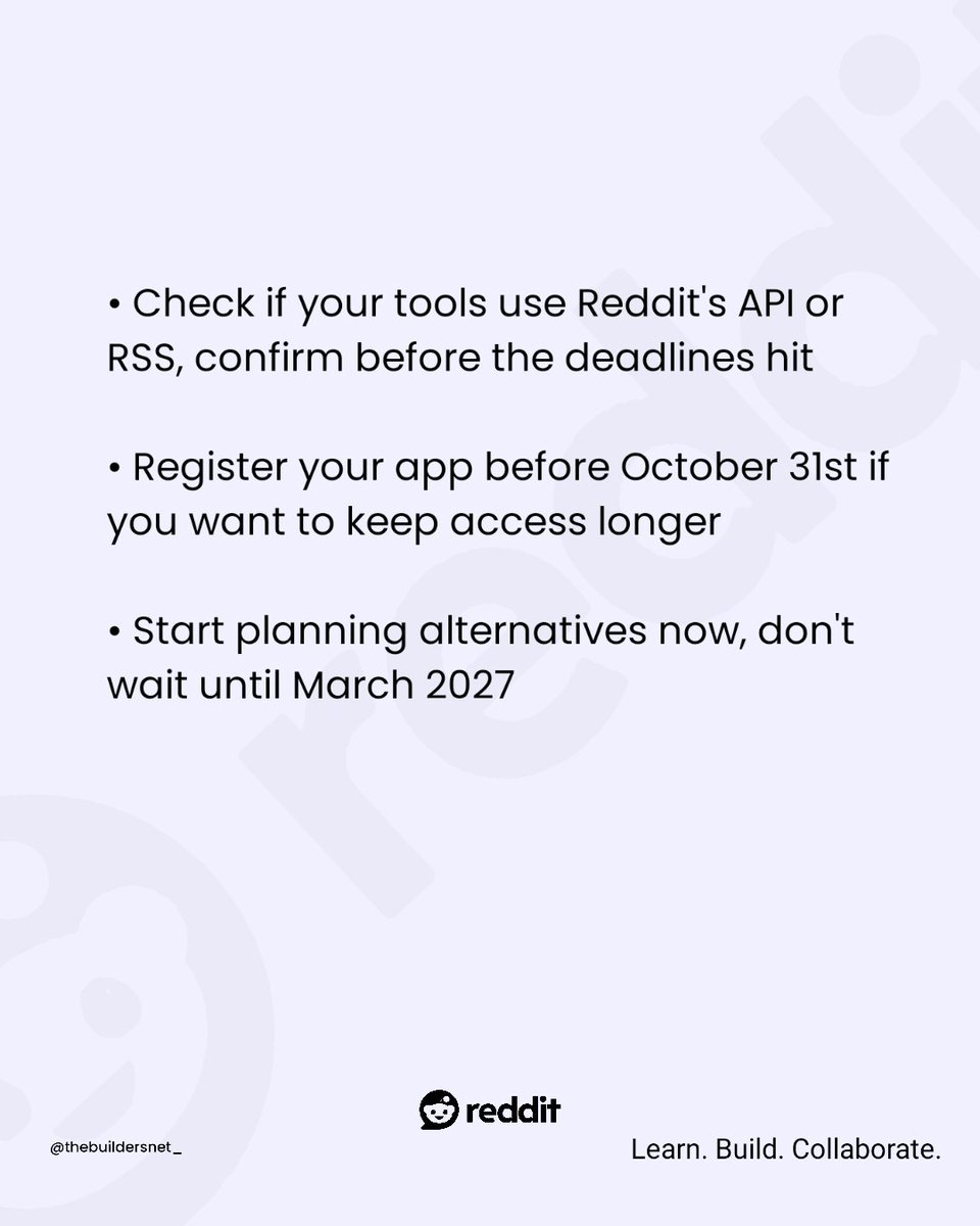 thebuildersnet_'s tweet photo. Reddit just shut the door.
No more free API. No more RSS.
RSS ends Nov 13. Public API closes completely by March 2027.
Built anything pulling Reddit data? Your access now has a deadline.
@Reddit https://t.co/f6qwBpG2rn