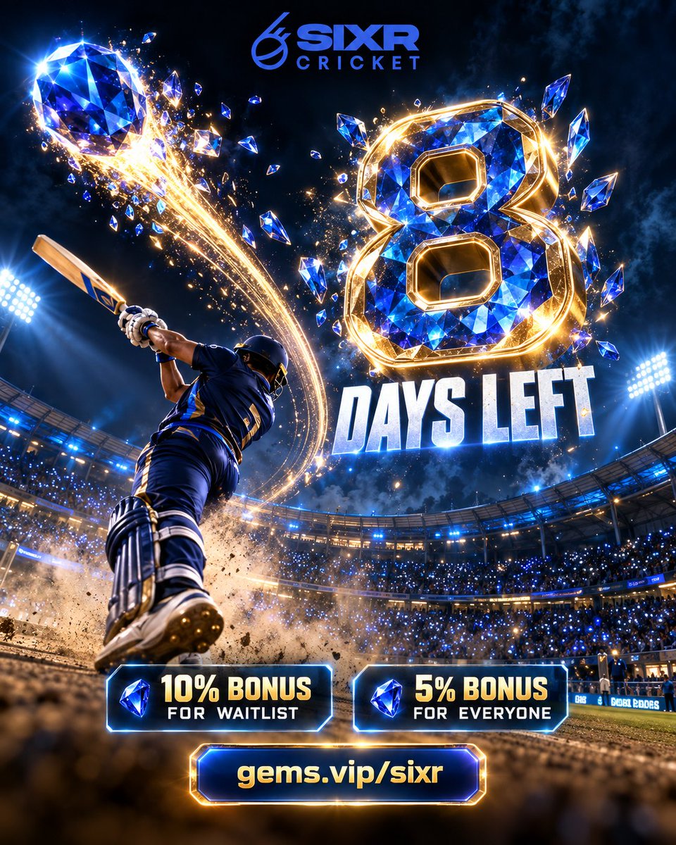 SIXR_cricket's tweet photo. 8 days left in Round 1.  

The SIXR GEMS sale is open and the Round 1 bonus is still available:  

10% extra $SIXR for waitlist members 
5% extra $SIXR for everyone else  

The clock keeps moving. Once Round 1 closes, these bonuses are gone.  Join the sale: https://t.co/oZiD24K7AU