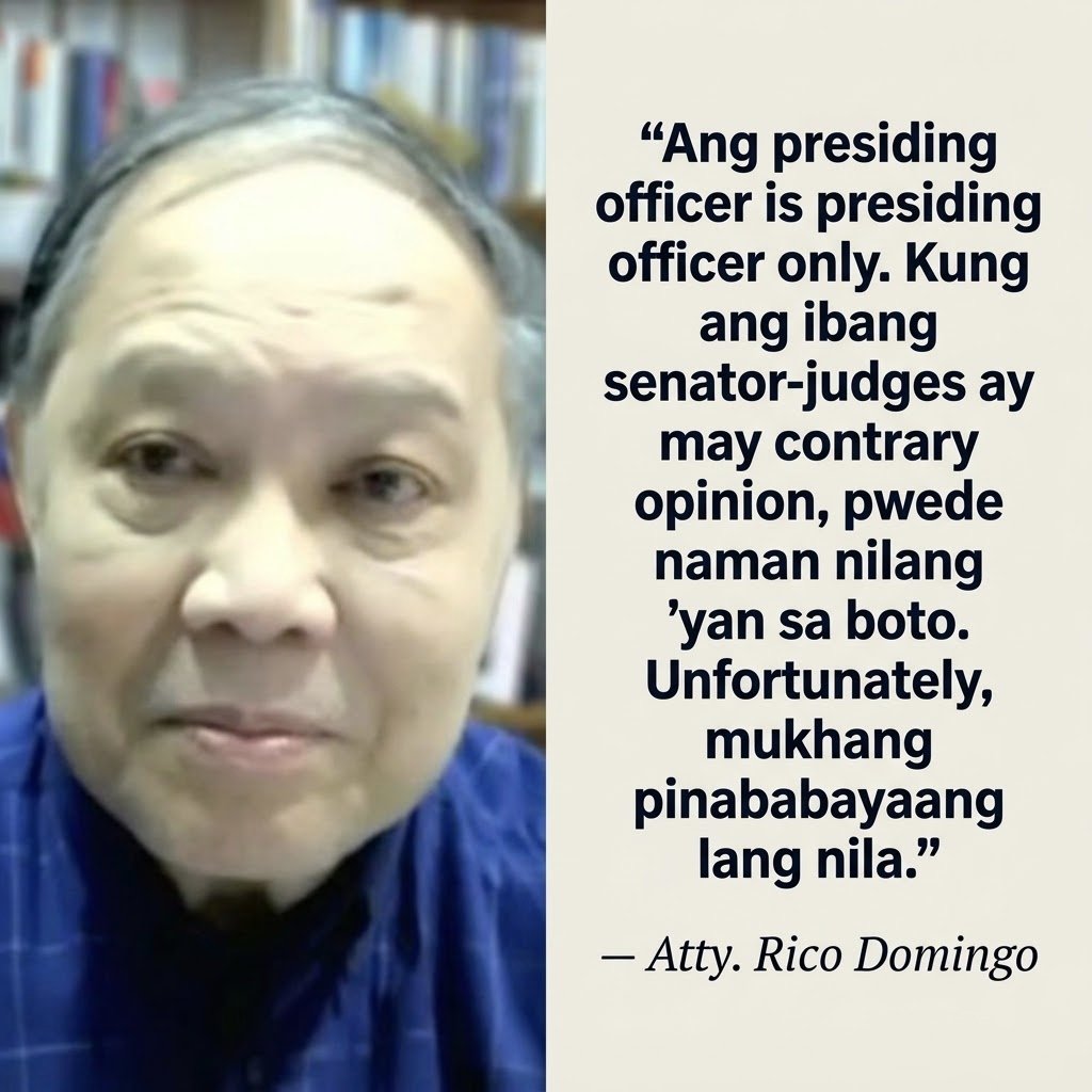 a_levi84's tweet photo. Tila "Yes Boss" na lang ang senator-judges kay SP Chiz sa impeachment trial? Giit ni Atty. Rico Domingo, pwede naman nilang iboto kung tutol sila sa ruling, lalo’t masyadong technical ang pagharang kay Trillanes! 🍿
​
​#ImpeachmentTrial #SenatePH #PHNews https://t.co/b8EwWEl7cg