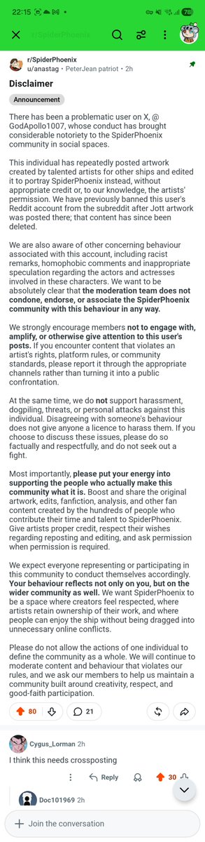 LexisNguyen96's tweet photo. @ArgentStarrs The Spiderphoenix community mods have been spreading PSAs naming GodApollo1007 as a banned user wreaking havoc on other platforms and encouraging members to report him. It's safe to say he doesn't belong to that fandom. https://t.co/hn7EtvOhxJ