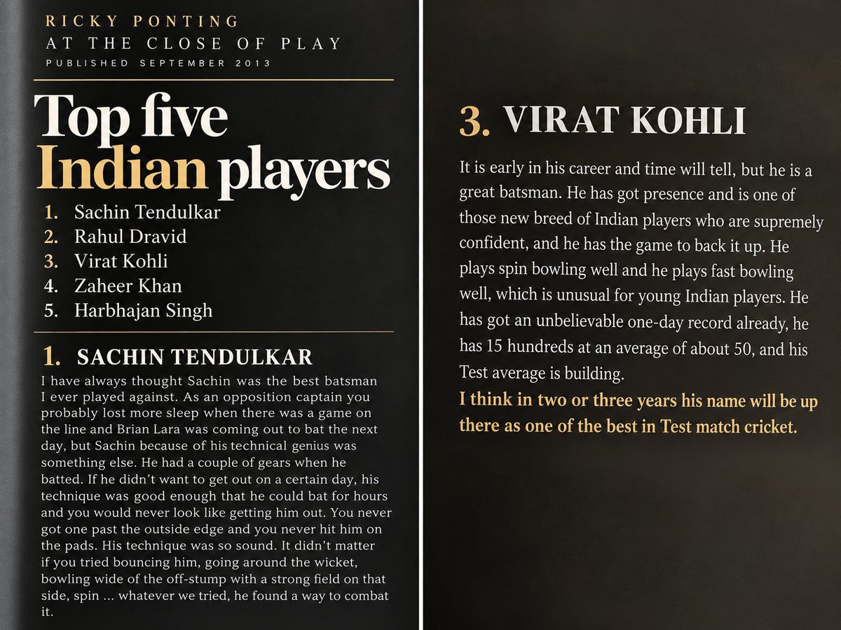 Melbourne__82's tweet photo. It's crazy how Ricky Ponting named Virat Kohli the 3rd greatest Indian cricketer of all time in his autobiography, published in 2013.

Kohli was just 24 back then. https://t.co/8EIXcdbPfz