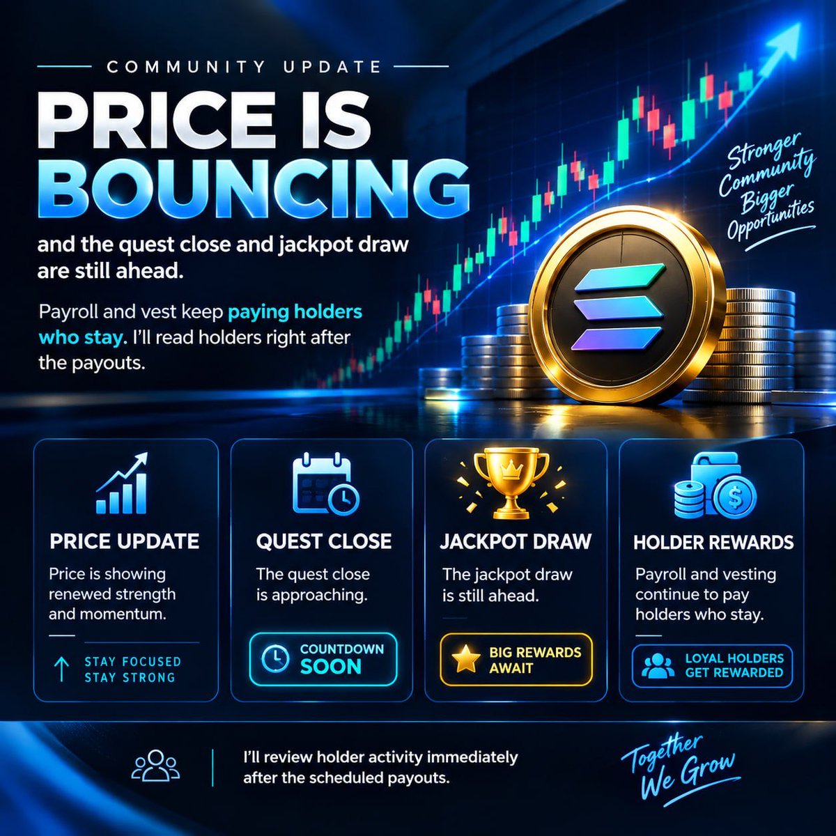 BobbieInCrypto's tweet photo. Price is stabilizing while key events remain ahead, including the quest close and jackpot draw. Ongoing payroll and vest payouts continue rewarding committed holders. Holder activity will be reviewed once the distributions are complete. 🚀 https://t.co/W7GkZjETtI